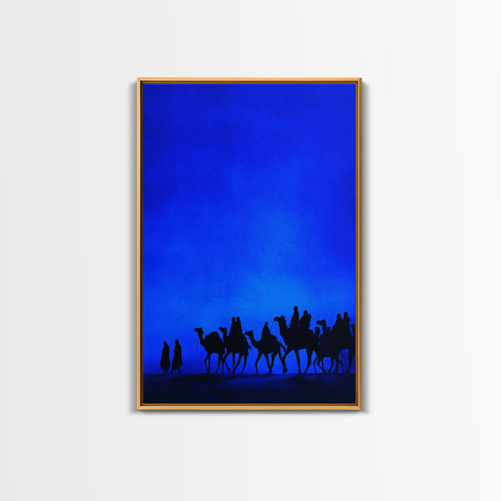 Blue Desert Camel Caravan Canvas Print, African Travel Poster, Modern Safari Wall Decor, Minimalist Blue Bedroom Art Gift