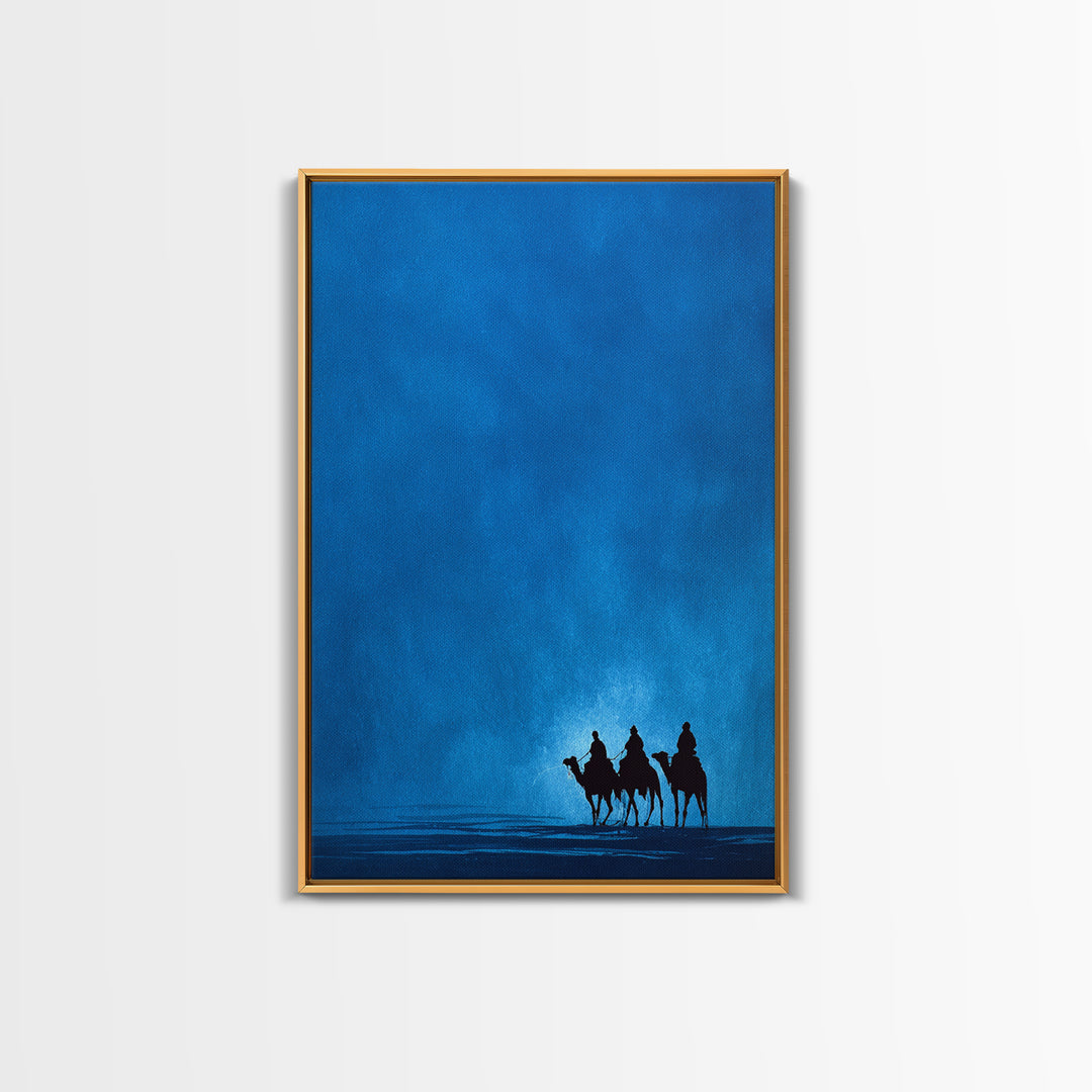 Three Blue Camel Riders Wall Art, African Safari Art Print, Serene Desert Landscape, Modern Canvas Decor For Living Room