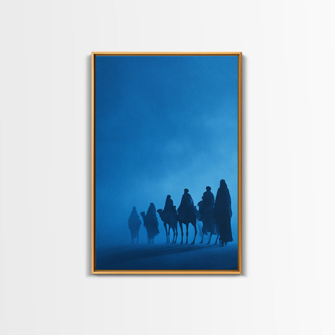 Misty Blue Tuareg Caravan Framed Canvas Print, African Travel Wall Art, Sahara Desert Decor, Boho Bedroom Artwork Gift For Home