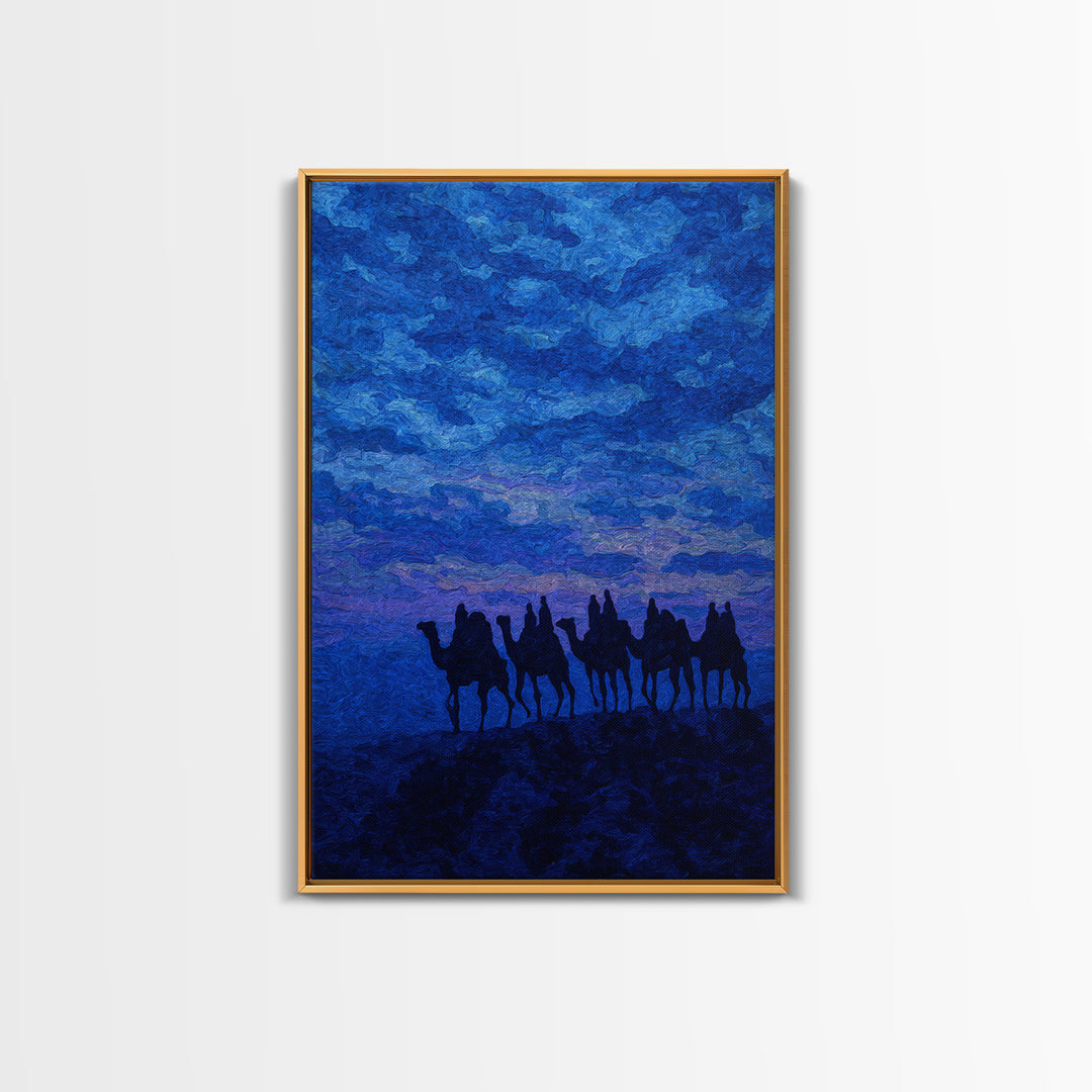 Textured Blue Camel Caravan Wall Art, African Painting Print, Dramatic Desert Sky Decor, Modern Canvas For Office Living Room