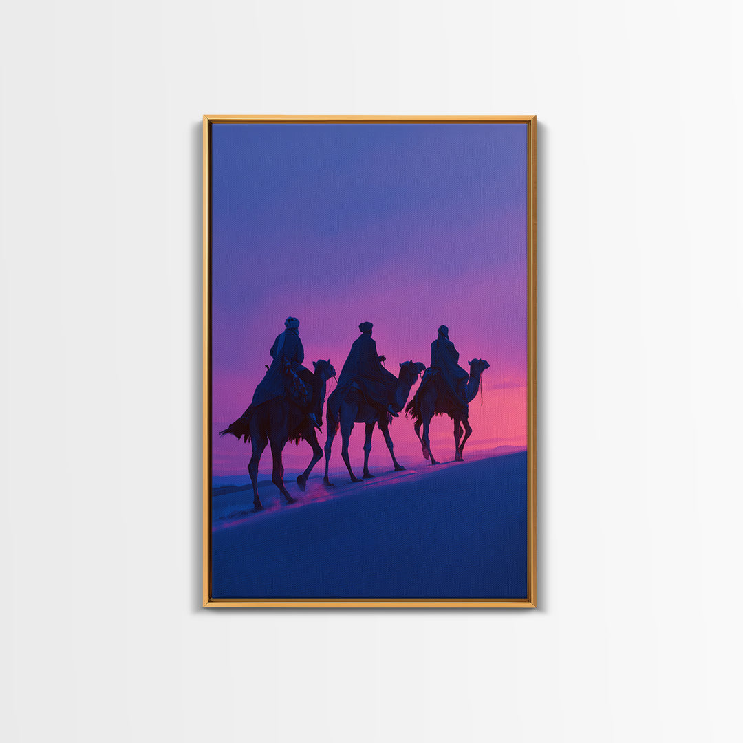 Purple Sunset Camel Riders Canvas Print, African Safari Wall Art, Boho Desert Landscape Decor, Dreamy Bedroom Gift For Her
