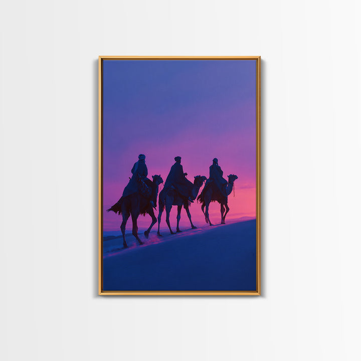 Purple Sunset Camel Riders Canvas Print, African Safari Wall Art, Boho Desert Landscape Decor, Dreamy Bedroom Gift For Her
