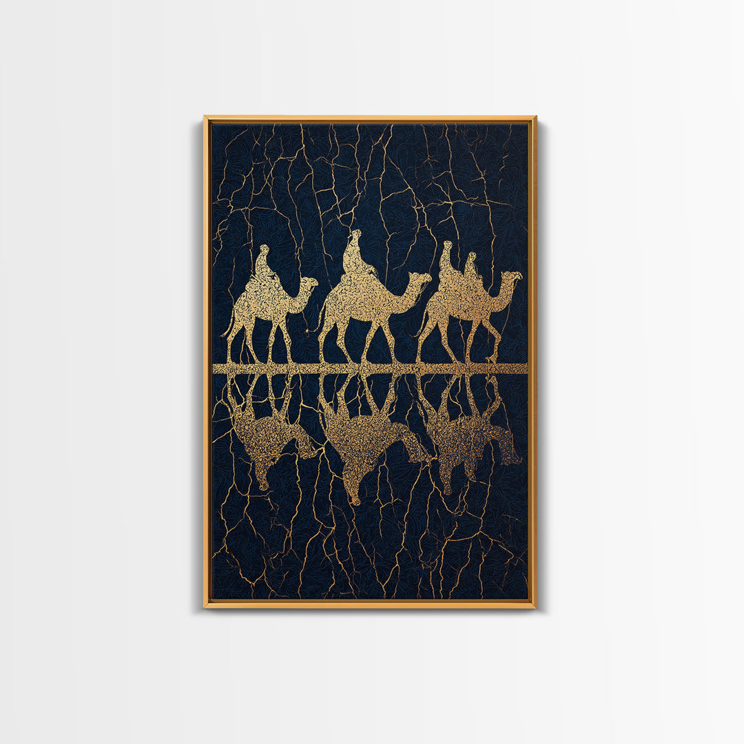 Gold Camel Trio Reflection Framed Canvas Print, African Safari Art, Black Gold Wall Decor, Luxury Desert Statement Piece