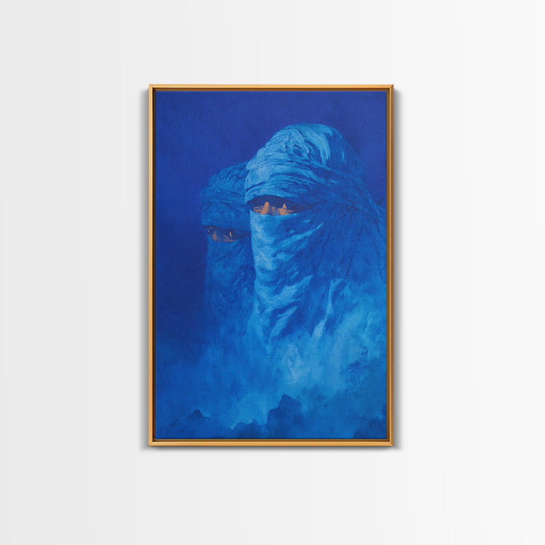 Blue Veiled Tuareg Portrait Wall Art, African Culture Art Print, Sahara Nomad Decor, Mystical Blue Canvas For Bedroom Gift