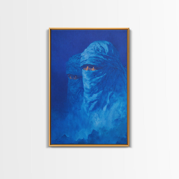 Blue Veiled Tuareg Portrait Wall Art, African Culture Art Print, Sahara Nomad Decor, Mystical Blue Canvas For Bedroom Gift