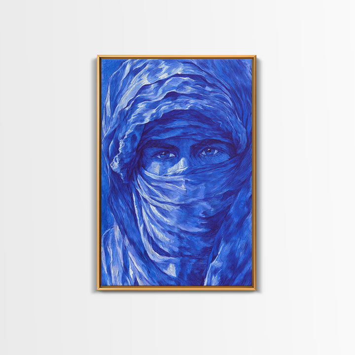 Blue Veiled Woman Portrait Canvas Print, African Woman Art, Sahara Travel Wall Decor, Elegant Cultural Home Decor Gift For Her