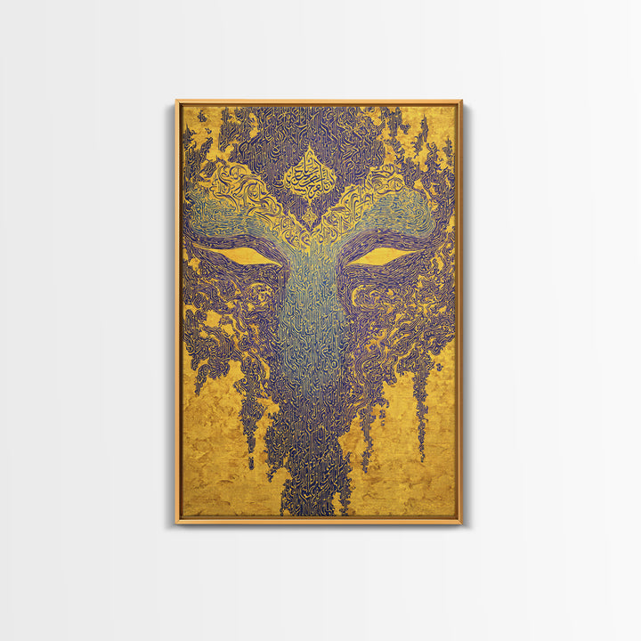 Ornate Blue Gold African Mask Wall Art, Abstract Tribal Art Print, Afrocentric Decor, Luxury Canvas Statement Piece For Home