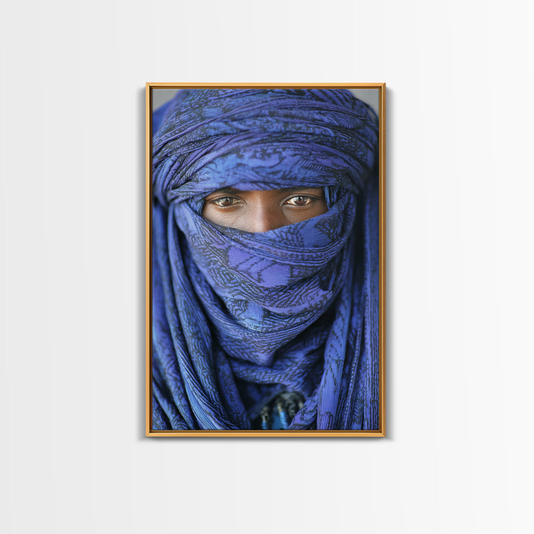 Indigo Tuareg Veiled Eyes Portrait Wall Art, African Wall Art, Blue Desert Nomad Decor, Afrocentric Canvas Print Gift For Home