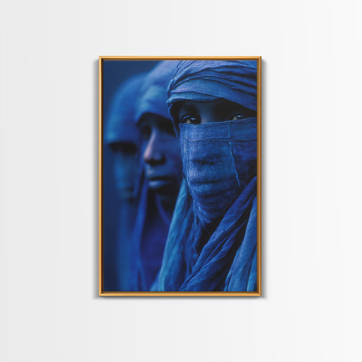 Blue Desert Nomad Figures Canvas Print, African Portrait Wall Art, Tuareg Inspired Indigo Decor, Mystical Afrocentric Gift