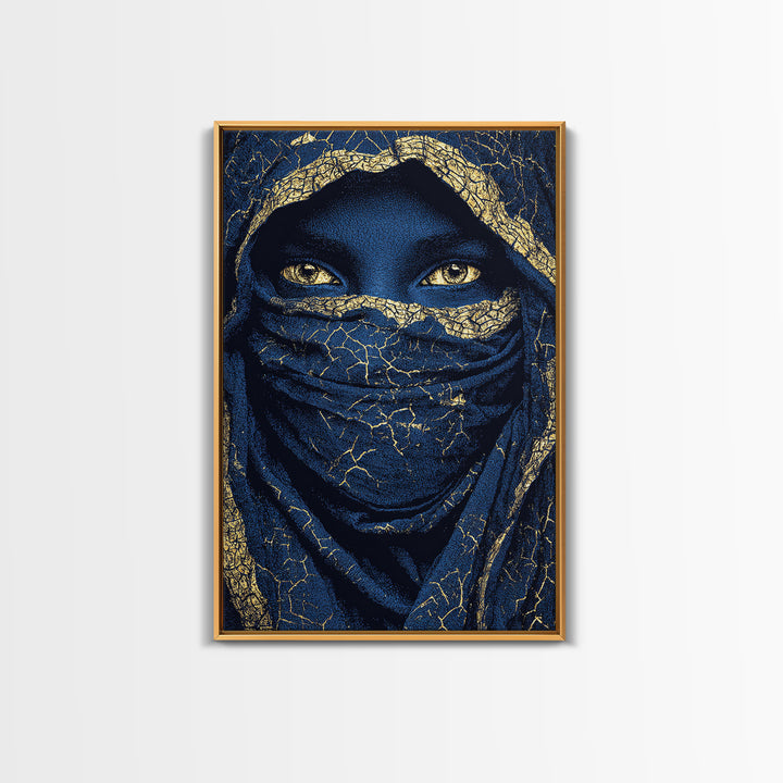 Gold Cracked Indigo Veiled Woman Framed Canvas Print, African Woman Art, Black Goddess Art, Luxury Afrocentric Wall Decor