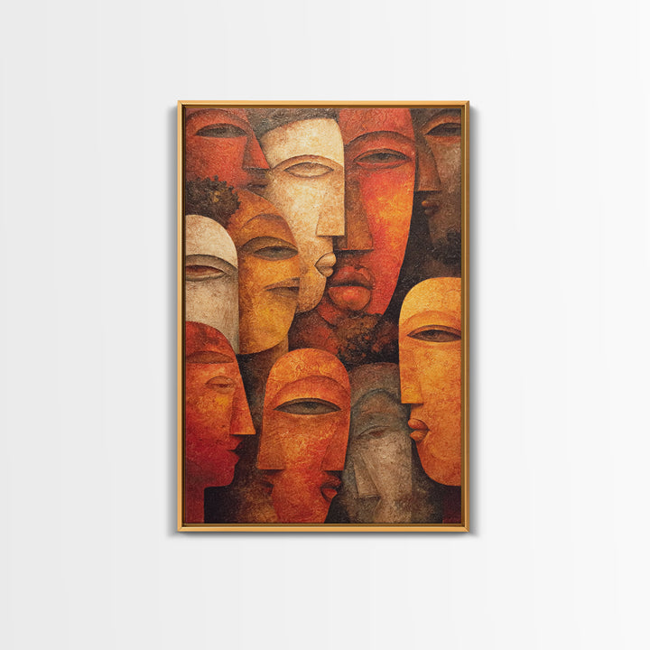 Layered African Mask Faces Wall Art, African Tribal Art, African Mask Art, Terracotta Abstract Canvas Print Cultural Decor