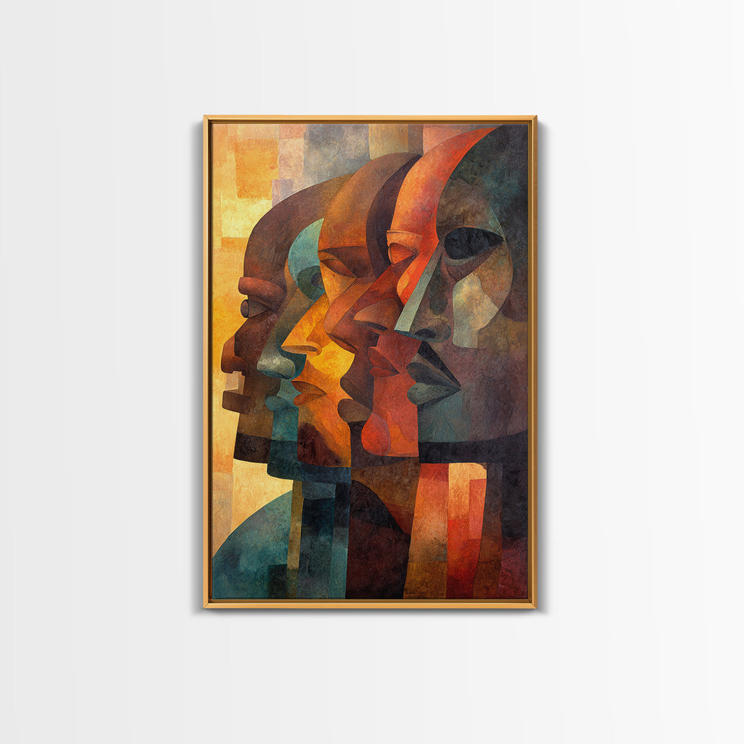 Cubist African Profiles Wall Art, Abstract African Art, Geometric Portrait, Modern Afrocentric Canvas Print Living Room Decor