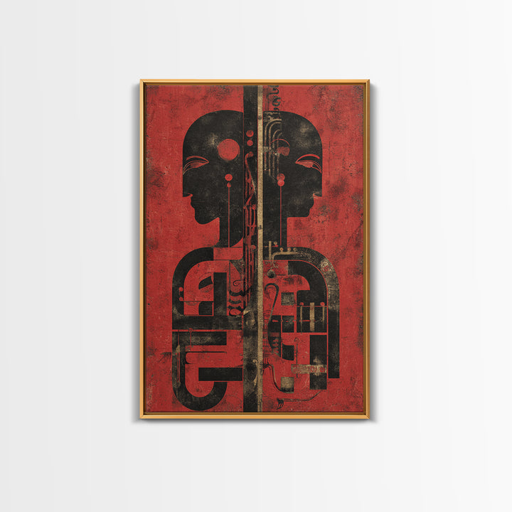 Red And Black Tribal Twin Profiles Wall Art, Abstract African Mask Portrait, Afrocentric Decor, Modern African Art Print