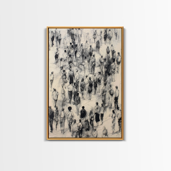Monochrome Walking Crowd Wall Art, Black And White Figurative Sketch, Minimalist People Decor, Modern Office Art Print Gift