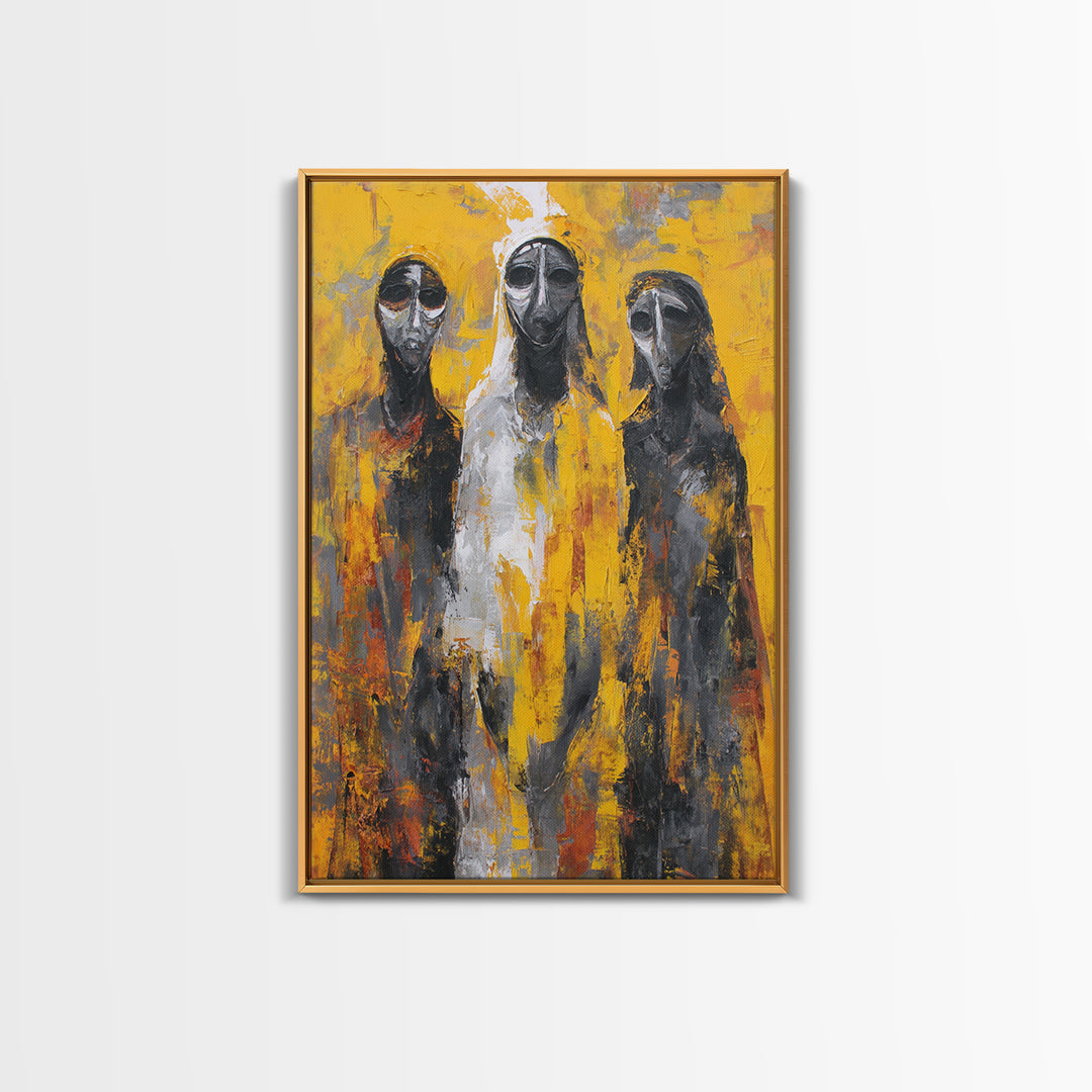 Three Abstract Masked Figures On Yellow Ground, Canvas Print, African Mask Art, Modern Tribal Wall Decor, Bold Portrait Art
