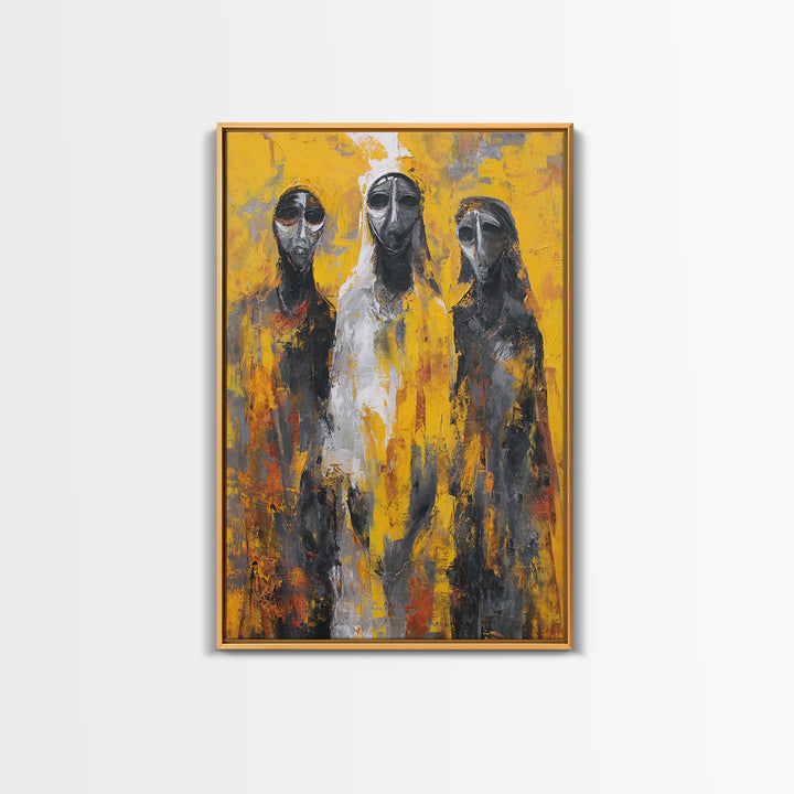 Three Abstract Masked Figures On Yellow Ground, Canvas Print, African Mask Art, Modern Tribal Wall Decor, Bold Portrait Art