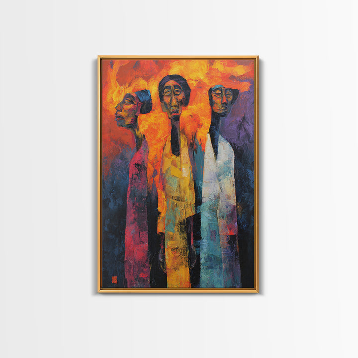 Fiery Three African Figures With Long Faces, Framed Canvas Print, Modern African Art, Black Culture Decor, Statement Wall Art
