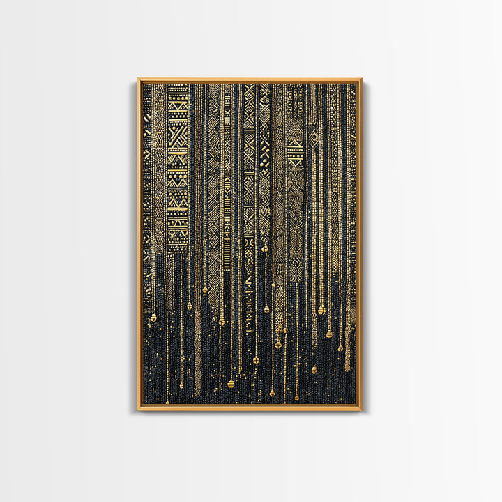 Black Gold Tribal Stripes Wall Art, African Pattern Framed Canvas Print, Elegant Textile Art, Luxury Home Decor Statement Piece