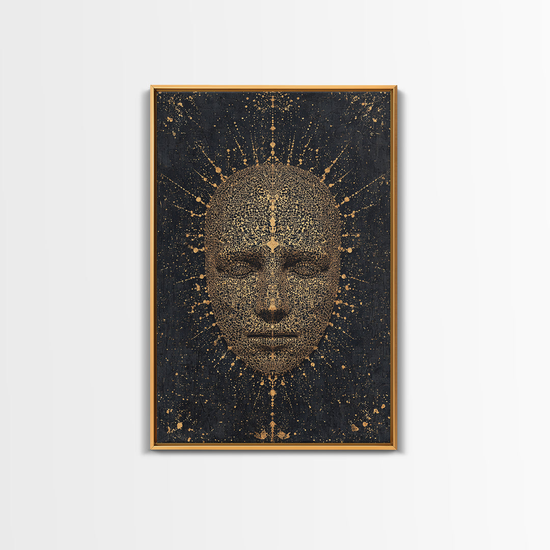Gold Radiant African Mask Face Framed Canvas Print, Black And Gold Spiritual Wall Decor, Mystical Afrocentric Portrait Art