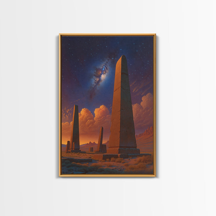 Ancient Desert Obelisks Under Stars Canvas Print, African Egyptian Art, Mystical Landscape Wall Decor, Stargazer Art Gift