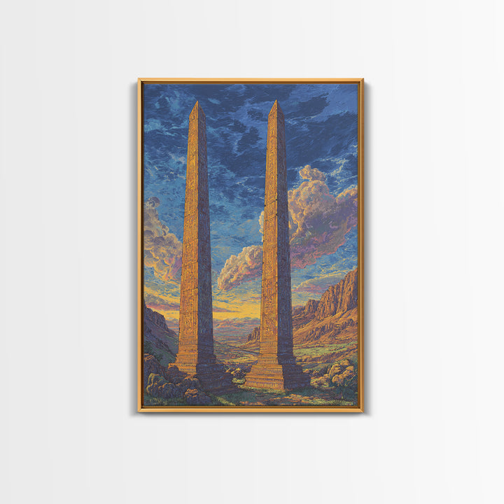 Twin Ancient Obelisks At Sunset Framed Canvas Print, African Egyptian Art, Historic Monument Landscape Wall Decor Gift For Home