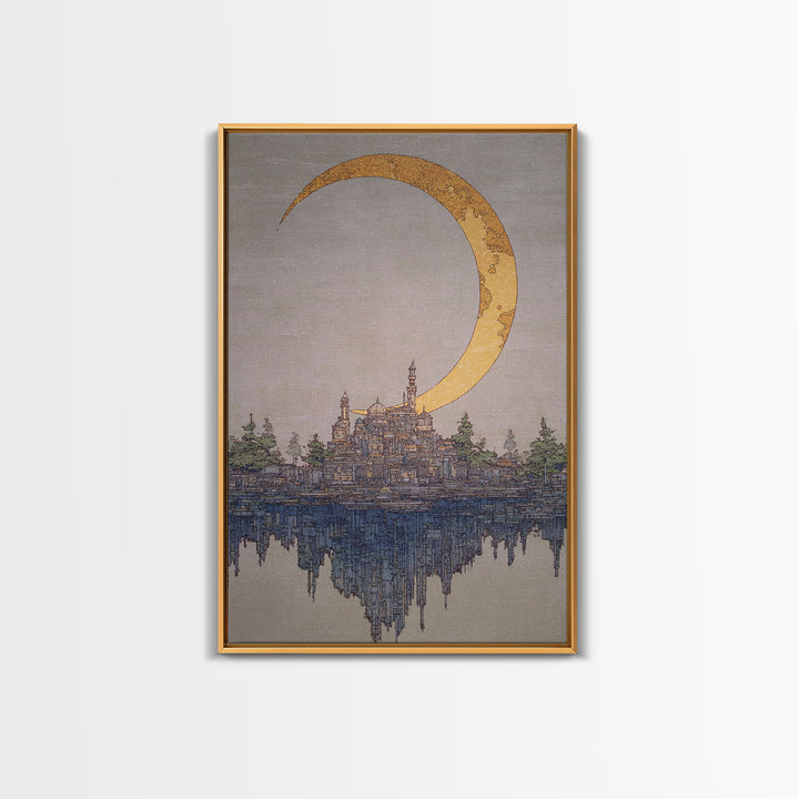 Golden Crescent Moon Over Floating City Wall Art, Dreamy Urban Landscape Canvas Print, Mystical Blue Beige Home Decor For Living Room