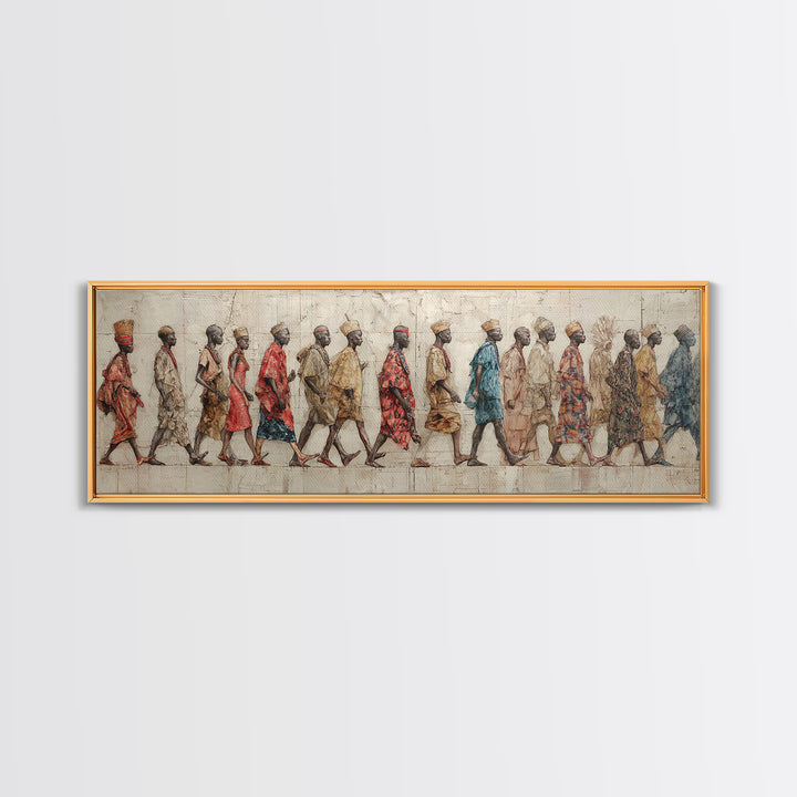Walking African Village Procession Wall Art, Textured Cultural People Print, Panoramic Afrocentric Home Decor Gift For Hallway