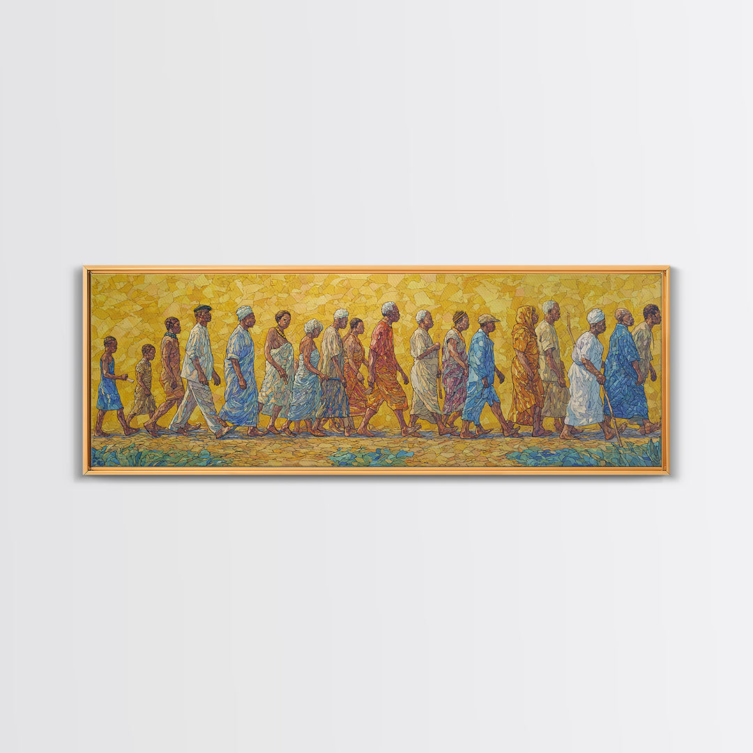 Sunlit African Walking Procession Canvas Print, Yellow Mosaic Cultural Wall Decor, Afrocentric Panoramic Home Art Gift For Living Room