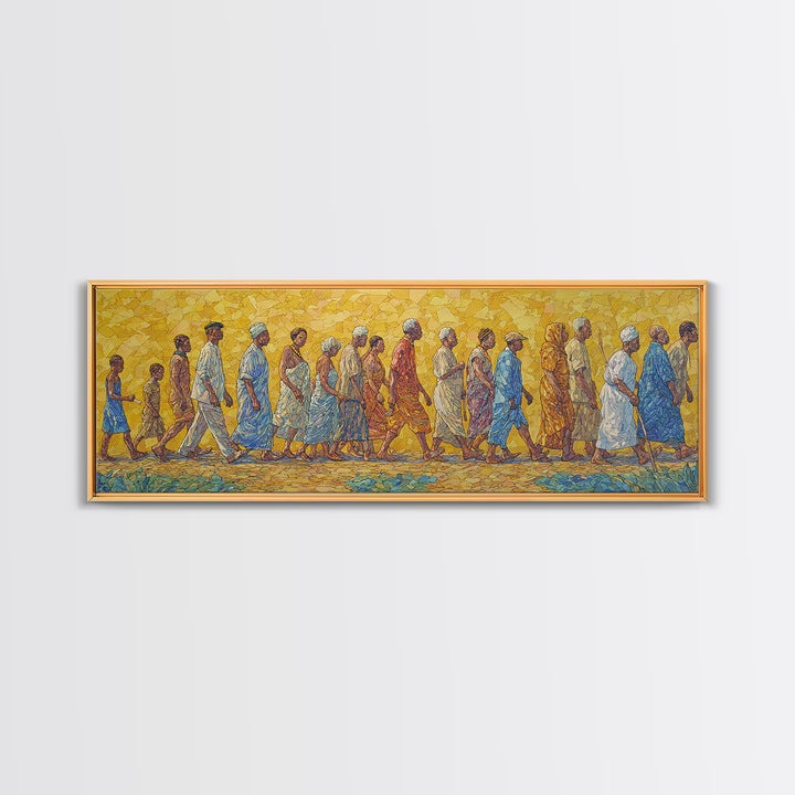 Sunlit African Walking Procession Canvas Print, Yellow Mosaic Cultural Wall Decor, Afrocentric Panoramic Home Art Gift For Living Room