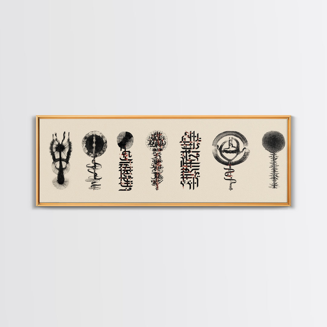 Ancient African Symbol Study Wall Art, Black Ink Tribal Mask Motifs, Minimalist Cultural Poster For Office And Home Decor