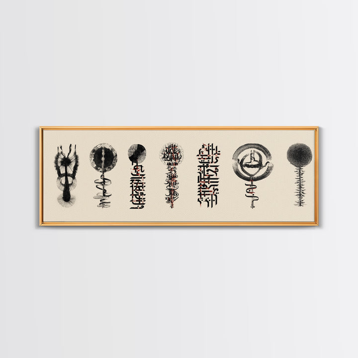 Ancient African Symbol Study Wall Art, Black Ink Tribal Mask Motifs, Minimalist Cultural Poster For Office And Home Decor