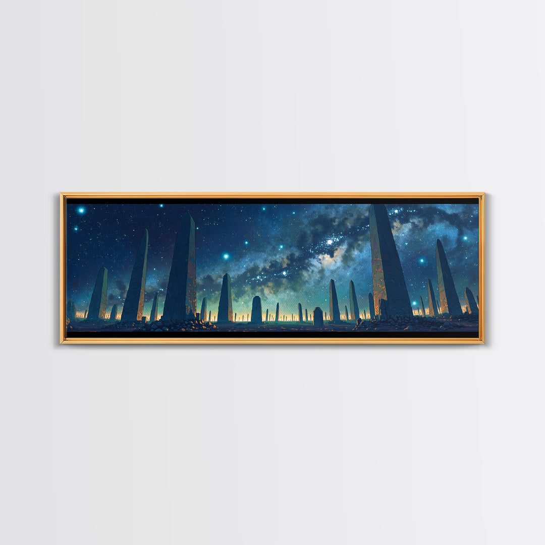 Futuristic Starry Obelisks Wall Art, African Egyptian Art, Cosmic Landscape Canvas Print, Mystical Blue Night Sky Office Decor