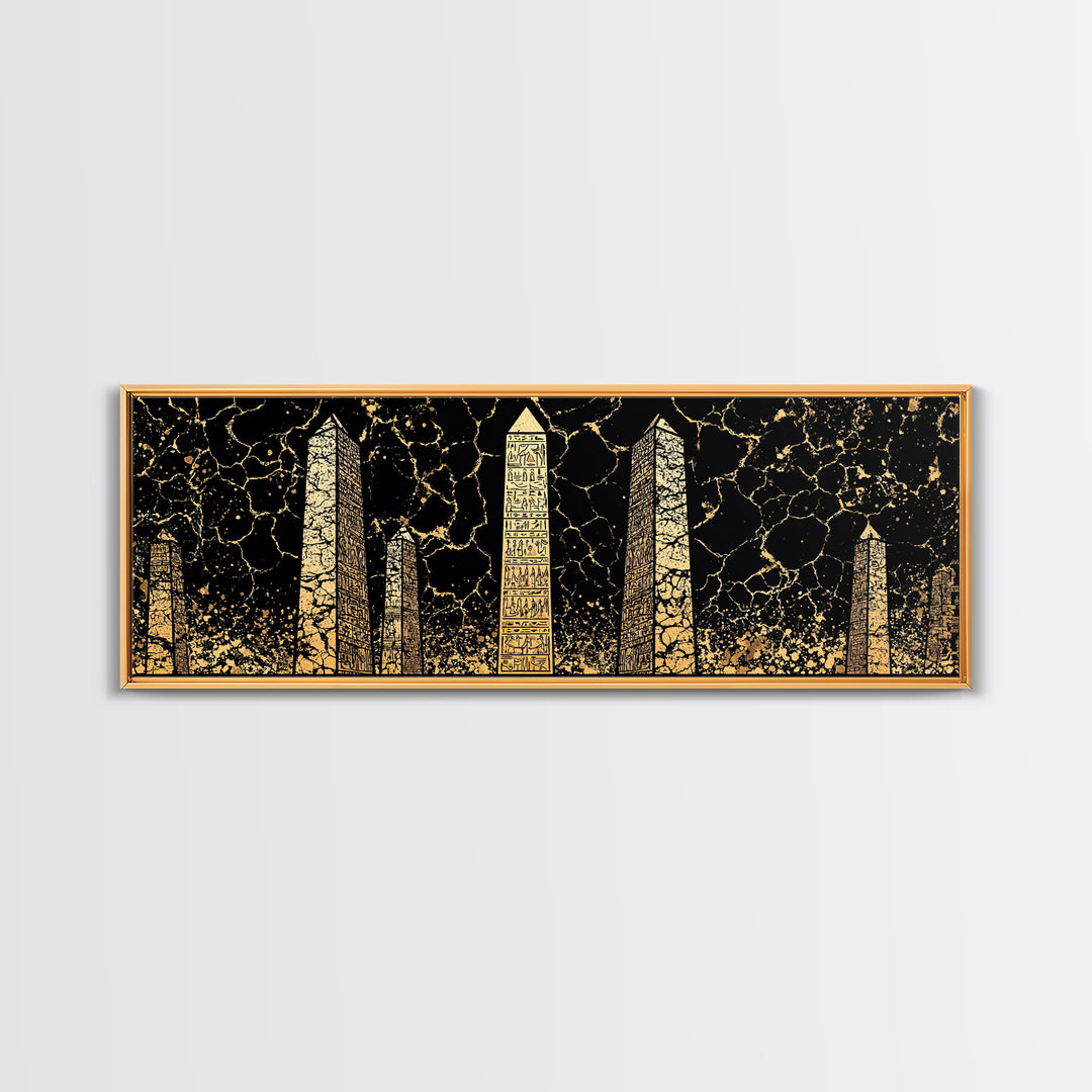 Gold Hieroglyph Obelisks Wall Art, African Egyptian Art, Black Gold Canvas Print, Ancient Symbols Cultural Statement Decor