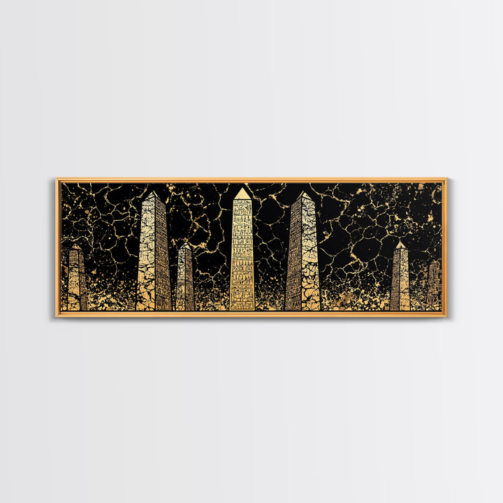 Gold Hieroglyph Obelisks Wall Art, African Egyptian Art, Black Gold Canvas Print, Ancient Symbols Cultural Statement Decor