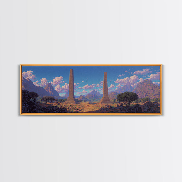 Twin Obelisks In Mountain Valley Framed Canvas Print, African Landscape, Africa Art Print, Statement Wall Art, Home Decor Gift