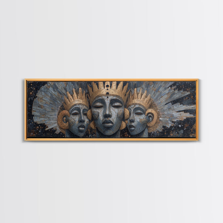 Regal Three African Goddess Faces Framed Canvas Print, African Women Art, Black Goddess Art, Gold Jewelry Canvas, Wall Decor