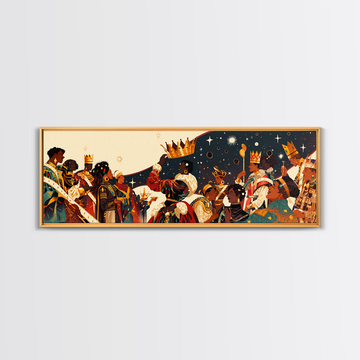 Royal African Celebration Under Stars Wall Art, Afrocentric Crown Ceremony, Black Culture Art, Panoramic Living Room Decor