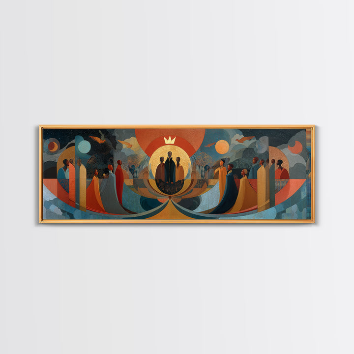 Abstract African Procession With Sun And Moon Wall Art, Afrocentric Modern Canvas, Earth Tone Cultural Home Decor Art Gift