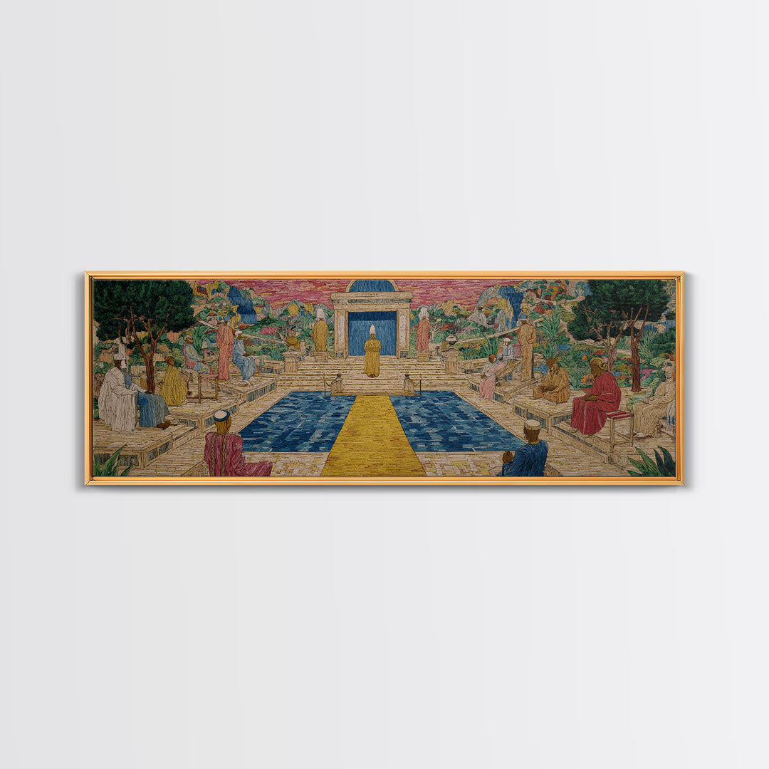 Golden Temple Garden Courtyard Canvas Print, African Inspired Landscape, Sacred Pathway Wall Decor, Elegant Home Art Gift