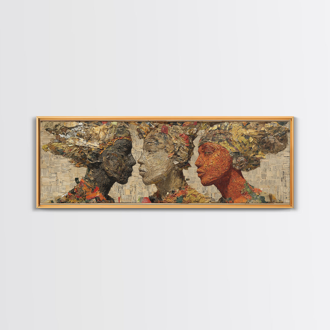 Textured African Women Profiles Framed Canvas Print, Earth Tone Black Female Art, Elegant Afrocentric Wall Decor Portrait Gift