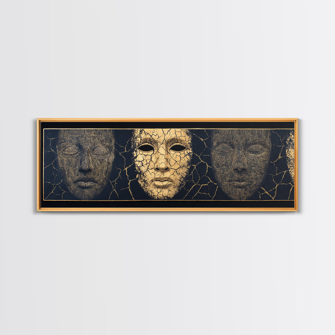 Gold And Black Ancient Mask Triptych Wall Art, Cracked Texture Faces, African Tribal Decor, Dramatic Cultural Canvas Gift