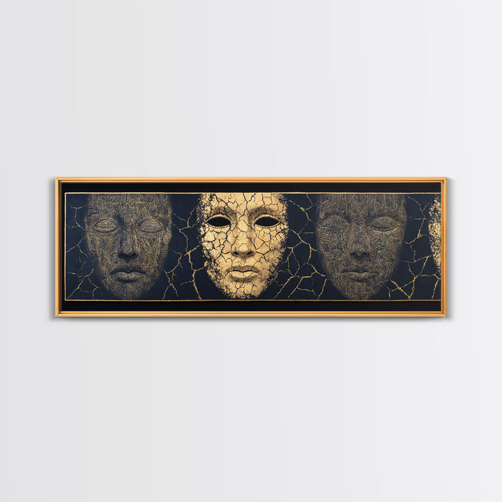 Gold And Black Ancient Mask Triptych Wall Art, Cracked Texture Faces, African Tribal Decor, Dramatic Cultural Canvas Gift