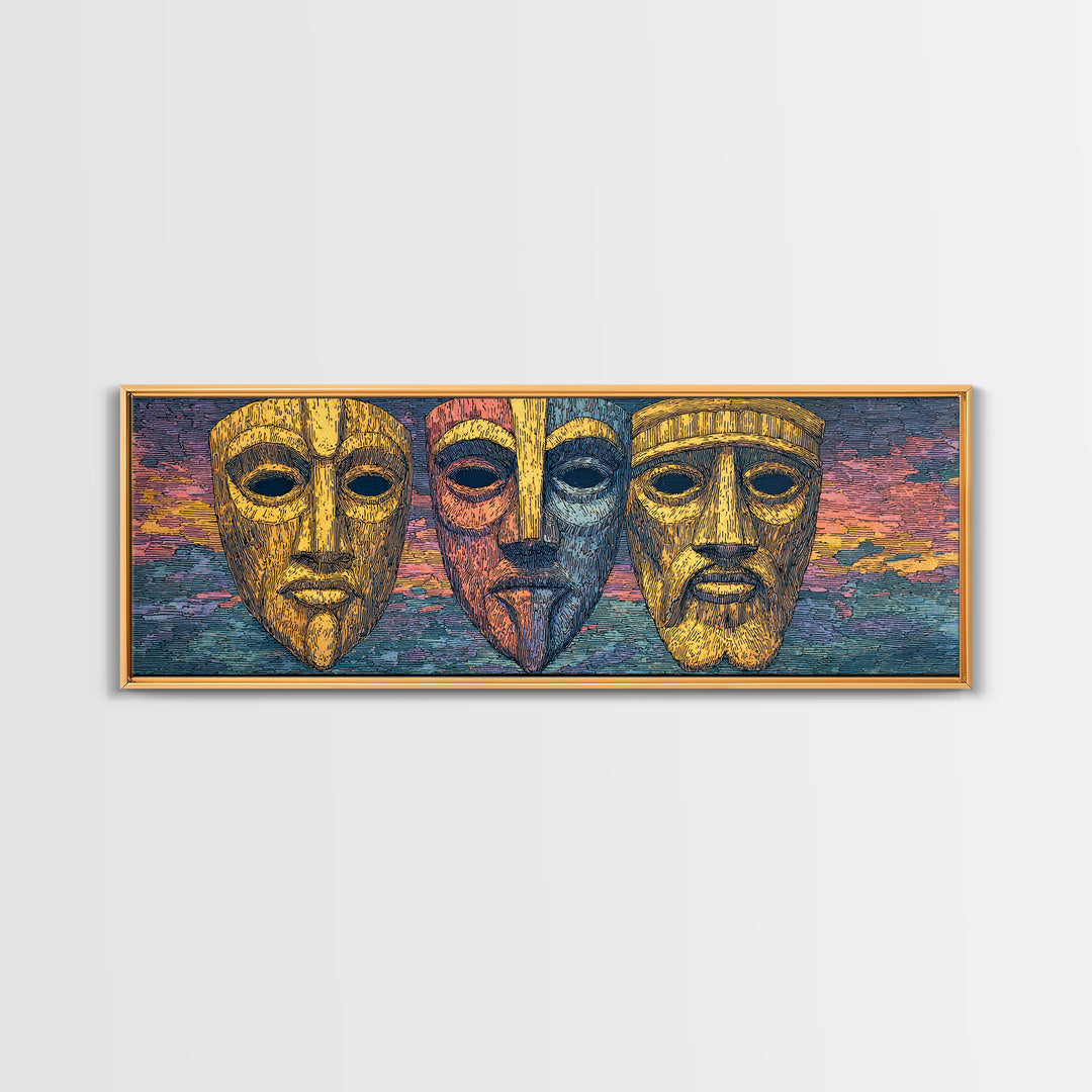 Three Golden African Masks Wall Art, Tribal Mask Canvas Print, Afrocentric Decor, Cultural Home Decor, Bold Statement Piece
