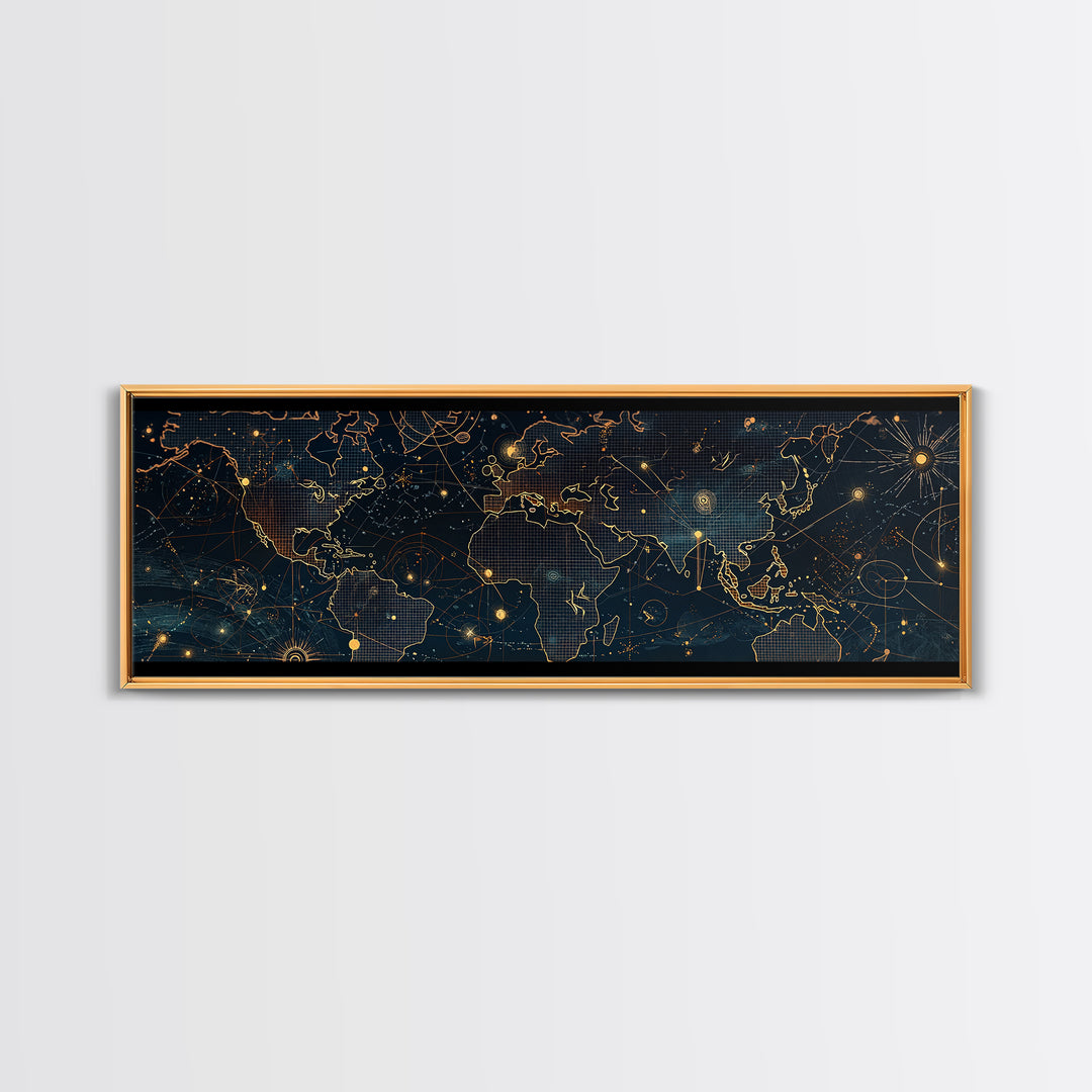 Dark Celestial World Map Wall Art, Gold Constellation Canvas Print, Modern Office Decor, Abstract Travel Home Decor, Housewarming Gift