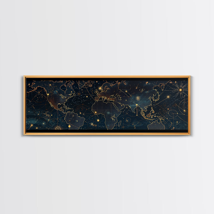 Dark Celestial World Map Wall Art, Gold Constellation Canvas Print, Modern Office Decor, Abstract Travel Home Decor, Housewarming Gift
