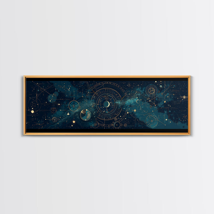 Teal Galactic Blueprint Astrolabe Framed Canvas Print, Geometric Wall Art, Modern Canvas Art, Celestial Office Decor, Unique Home Decor