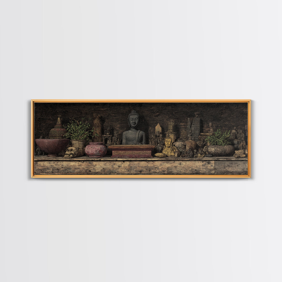 Buddha Shrine Shelf With Plants And Artifacts Wall Art, African Inspired Boho Decor, Rustic Spiritual Living Room Canvas