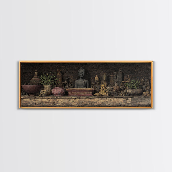 Buddha Shrine Shelf With Plants And Artifacts Wall Art, African Inspired Boho Decor, Rustic Spiritual Living Room Canvas