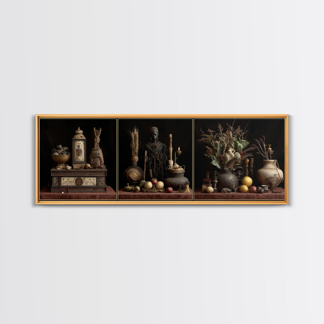African Statue Still Life Triptych Canvas Print, Tribal Art Decor, Rustic Vessels Fruit And Botanicals, Elegant Home Decor
