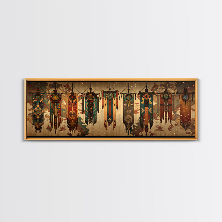 African Tribal Hanging Banners With Symbols Framed Canvas Print, Ethnic Wall Decor, Boho Patterns, Cultural Home Decor For Living Room